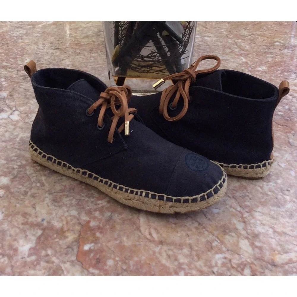 Tory Burch Navy Canvas Espadrille Lace Up Boho Ankle Bootie Flats Sz 7 EUC, $195